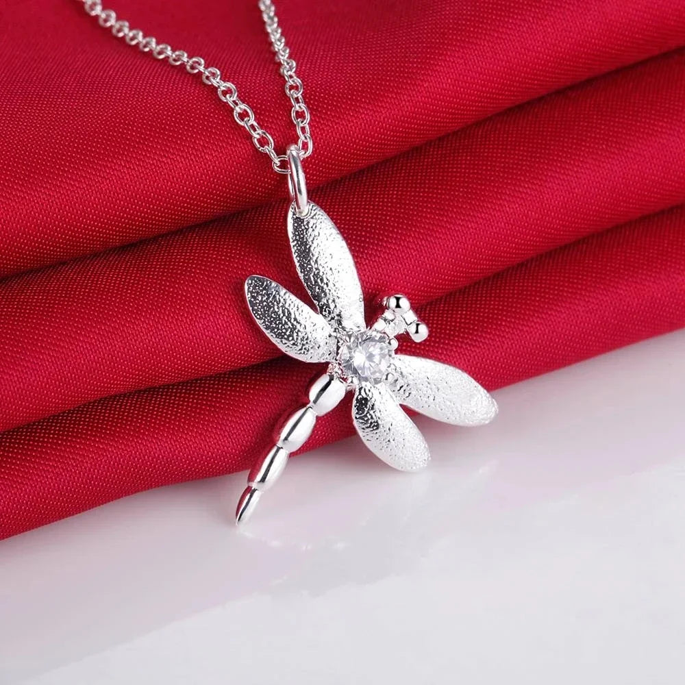 Fashion fine 925 sterling silver women Crystal dragonfly pendant necklace earring ring Jewelry set Party wedding gifts