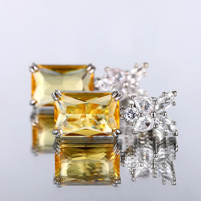 Huitan Big Square Yellow Cubic Zirconia Earrings for Women Silver Color Exquisite Female Earrings Wedding Party Jewelry Dropship