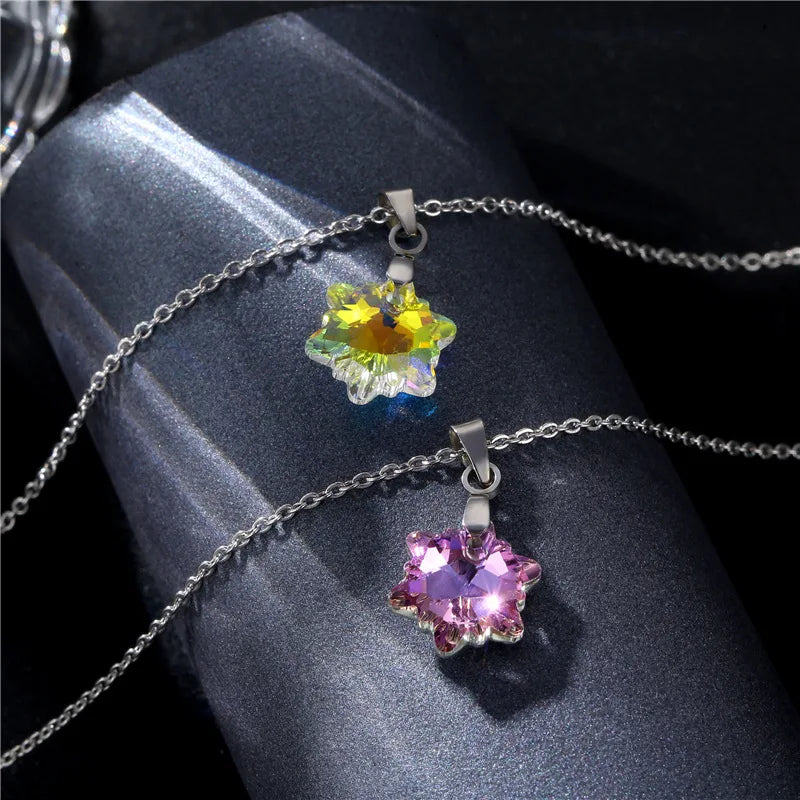 Korean The Snowflake Necklaces Female New Stainless Steel Necklace Simple Christmas Crystal Pendant Collarbone Chain Jewlery