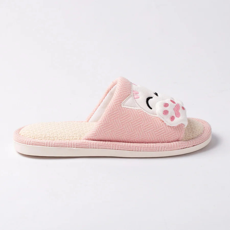 Cute Cat Platform Slippers Women Four Seasons New Linen Women's Thick Sandals Home Cartoon Slides Soft Non-slip Shoes 2024 New