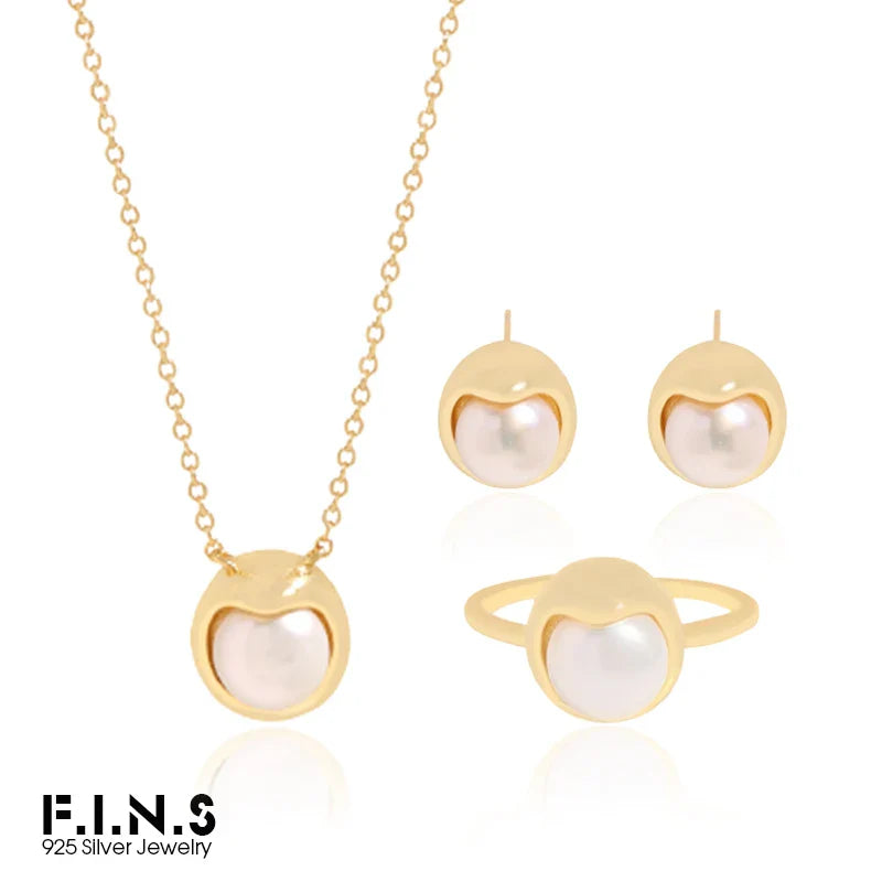 F.I.N.S Original Matching Flower Pearl S925 Sterling Silver Necklace Ring Earrings Texture Bud Silver Gold Wedding Fine Jewelry