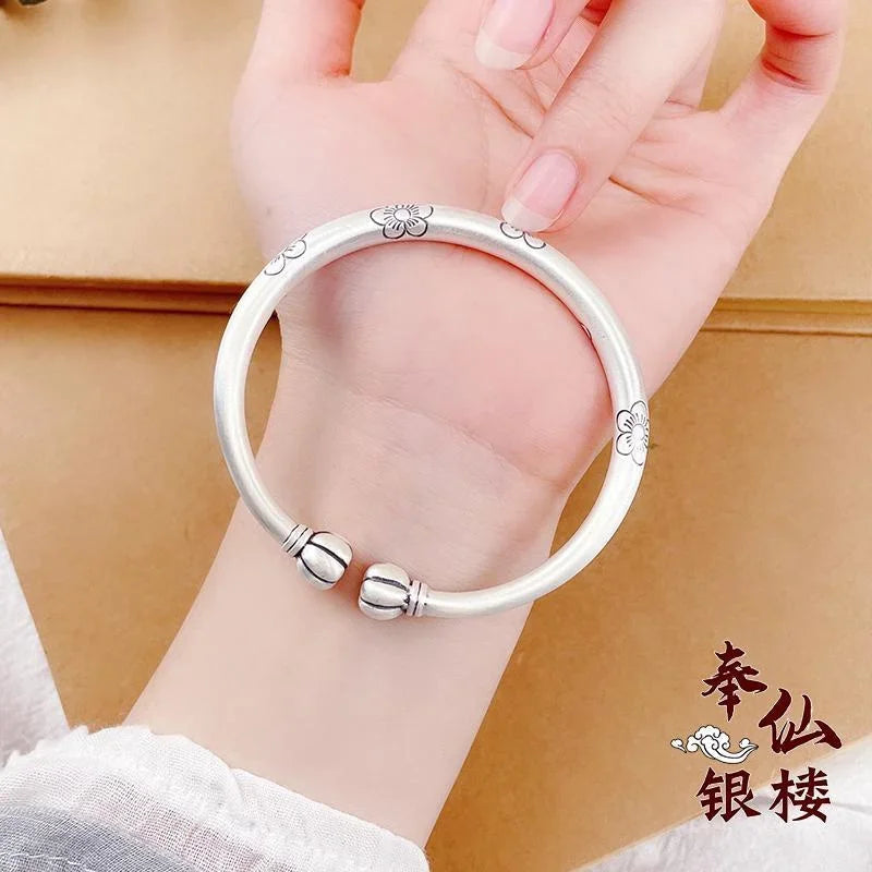 999 Sterling Silver Women's Bracelet, Chinoiserie Vintage Plum Blossom Opening Fashion Jewelry Gift Wholesale