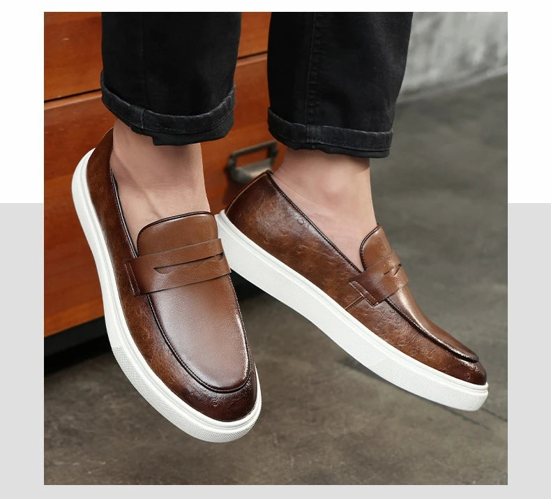 Man Shoes Embossed Leather Men's Fashion Casual Penny Loafers Slip-on Thick Sole Office Moccasins Flats