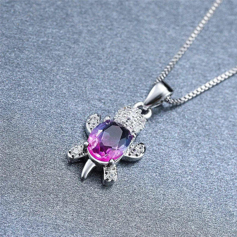 Blue Purple Oval Zircon Cute Turtle Pendant Necklaces for Women Fashion Multicolour Crystal Rainbow Stone Animal Custom Jewelry