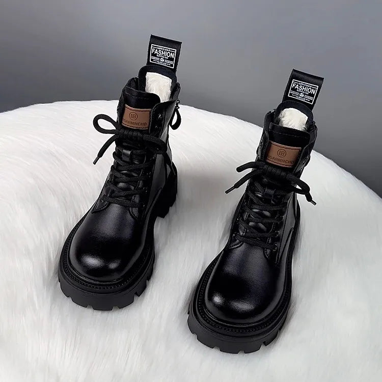 Snow Boots For Women  Female Shoes Winter Footwear Boots-Women Plush Round Toe Flat Heel Leather Lolita Ladies Med 2023 Fur