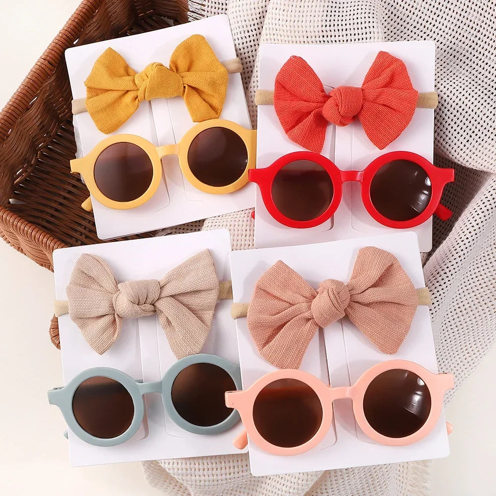 2Pcs/set Kids Summer Round Sunglasses Bows Headband Gift Sets Children Lovely Glasses Protection Hair Accessories for Girls