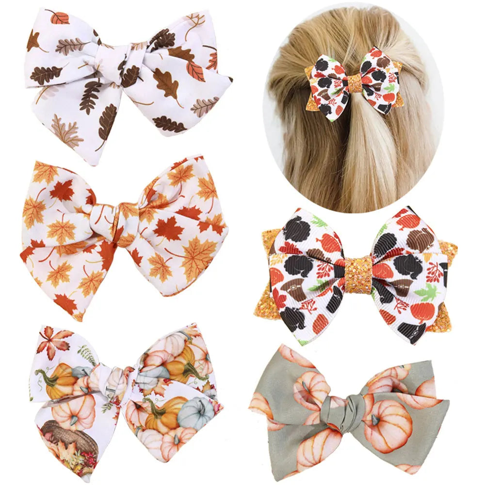 1/2PCS Thanksgiving Hair Bow Clips For Girls Ribbon Maple leaf Pumpkin Printing Hairpins Headwear Kids Hair Accessories