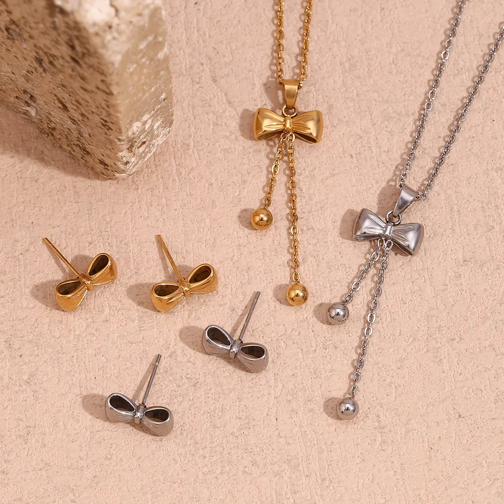 Stainless Steel Bowknot Bow Trendy Necklace Earrings Pendant 18K Gold PVD Plated Stain Less Metal Fashion Jewelry