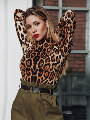 Sexy Bodysuit For Women Brown Leopard Bodycon Long Sleeve One Pieces High Neck Bodysuits Jumpsuit Tops Body Suit Y2K