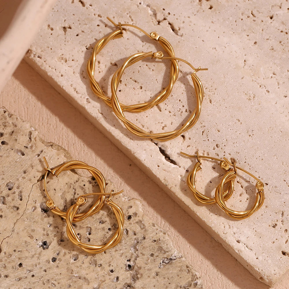 E.B.belle Thin Twists Ring Hoop Earrings Water Resistant 316L Stainless Steel Women's Earrings 18K Gold Plated Jewelry