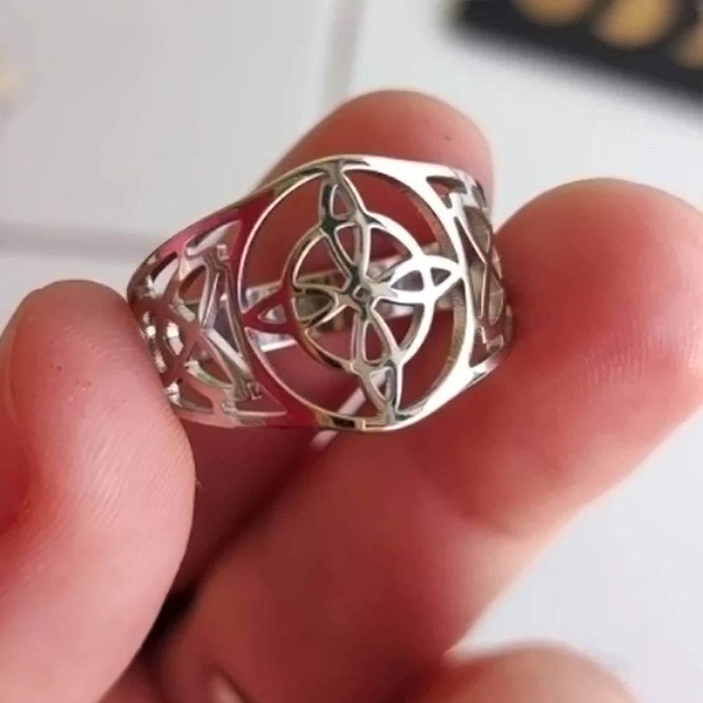 LIKGREAT Witch Knot Ring for Women Men Hollow Stainless Steel Finger Rings Celtic Vintage Amulet Protection Couple Jewelry Gifts