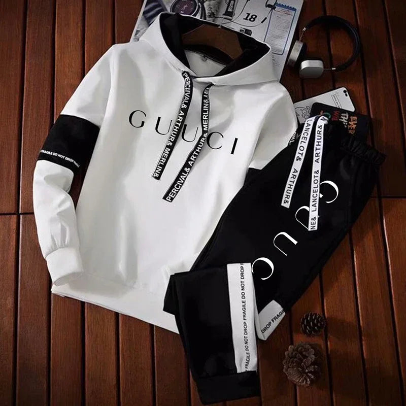 Mens Tracksuit High Quality Fashion Hooded Sweatshirt Sweatpants Casual Trend Print Pullover Classic Black White Jogging Clothes