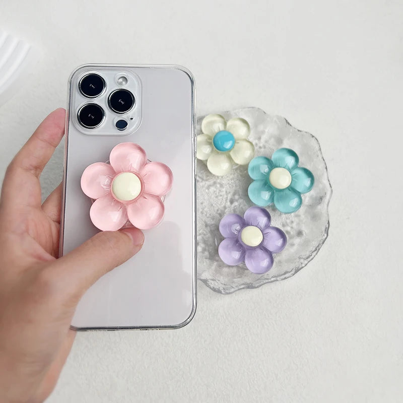 1pc Transparent Resin Candy-Colored Flower Phone Holder Foldable Desktop Stand Cute Floral Retractable Grip for Mobile Devices