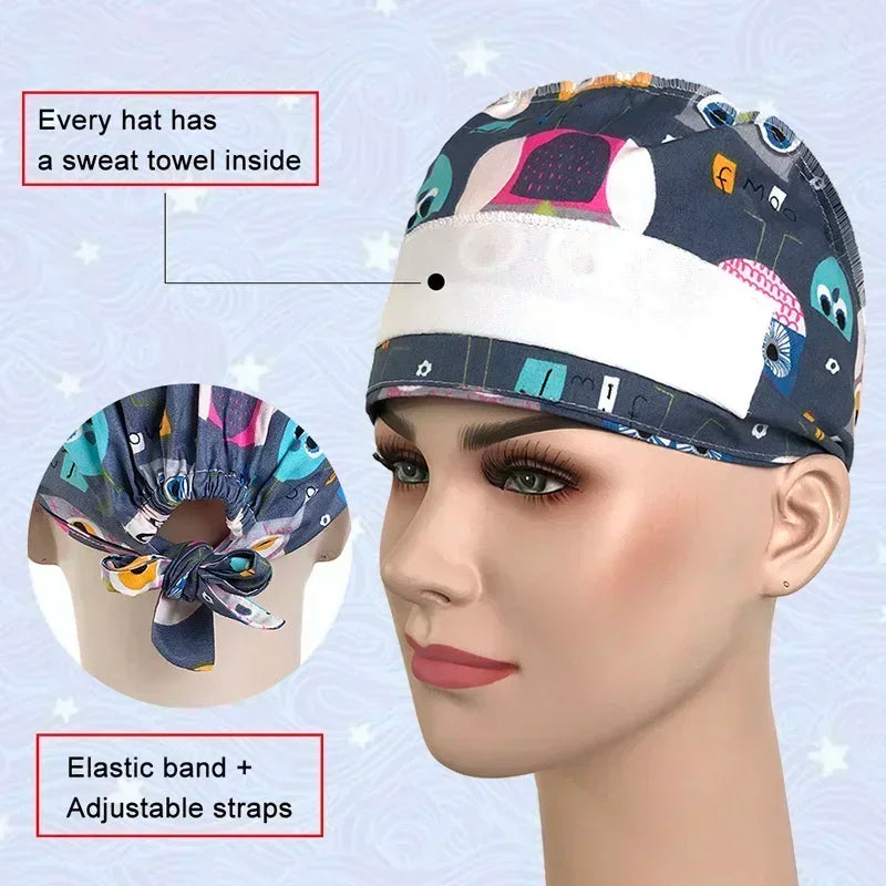 Cartoon Doctor Operating Room Pattern Printed Nursing Head Cap Lab Scrub Pet Hospital Surgical Hat Unisex Dentist Scrub Cap 2023