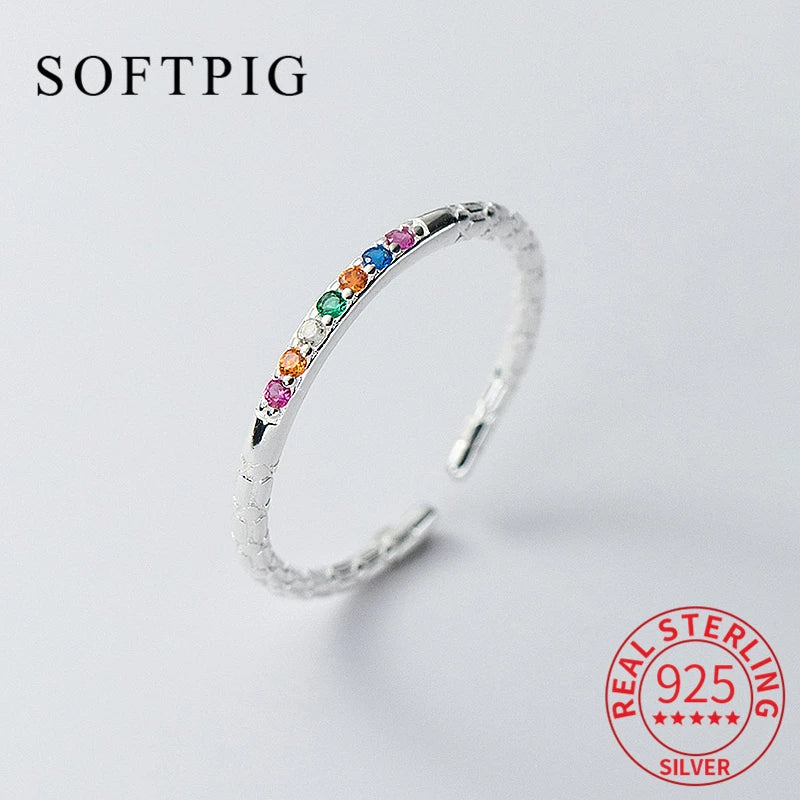 SOFTPIG Real 925 Sterling Silver Colored Zircon Adjustable Ring for Charm Women Party Classic Fine Jewelry Geometric Accessories