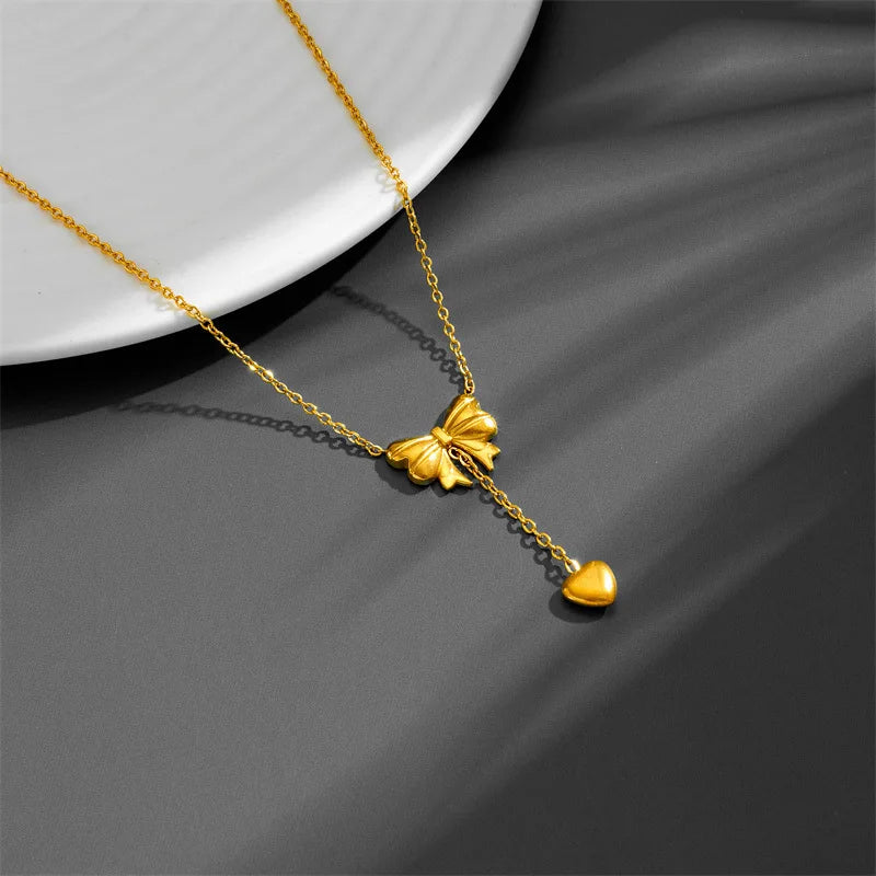 316L Stainless Steel New Fashion Fine Jewelry Sweetheart Girls Set Bowknot Heart Tassels Charm Choker Necklace Earring For Women