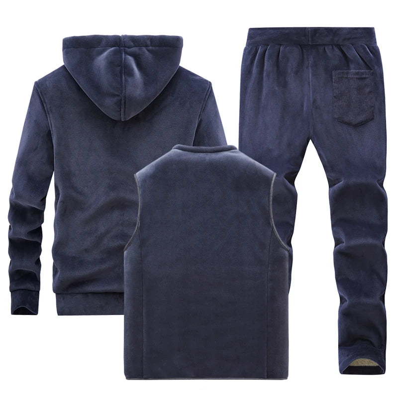 Men Winter Plus Velvet Thick Tracksuits Men's Lamb Cashmere Hoodies+vests+pants Three-pieces Sets Men Warm Casual Lamb Wool Sets