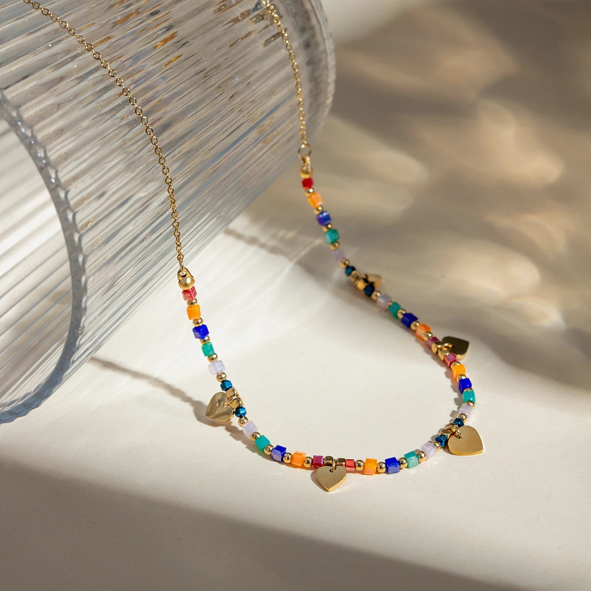 18k gold plated stainless steel colored ball bead love heart sequin necklace waterproof simple metal texture trendy jewelry