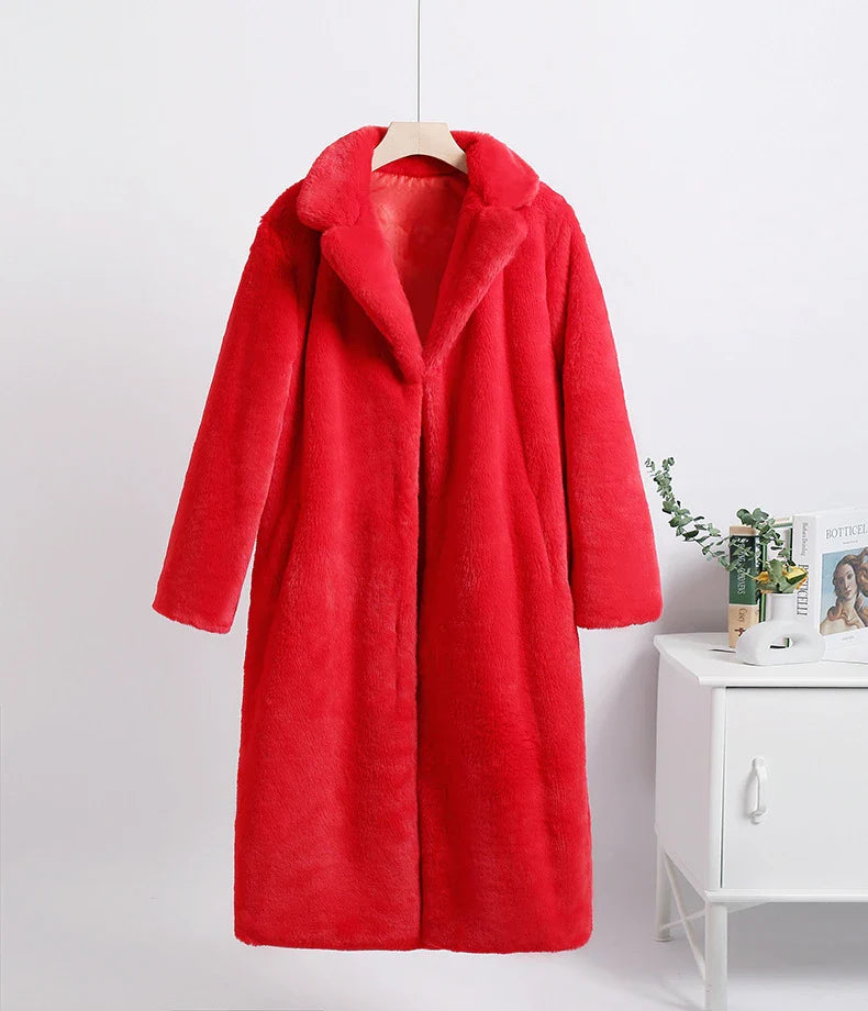 2023 Winter Women High Quality Faux Rabbit Luxury Long Fur Coat Lapel OverCoat Thick Warm Female Plush Jacket Large Size 5XL