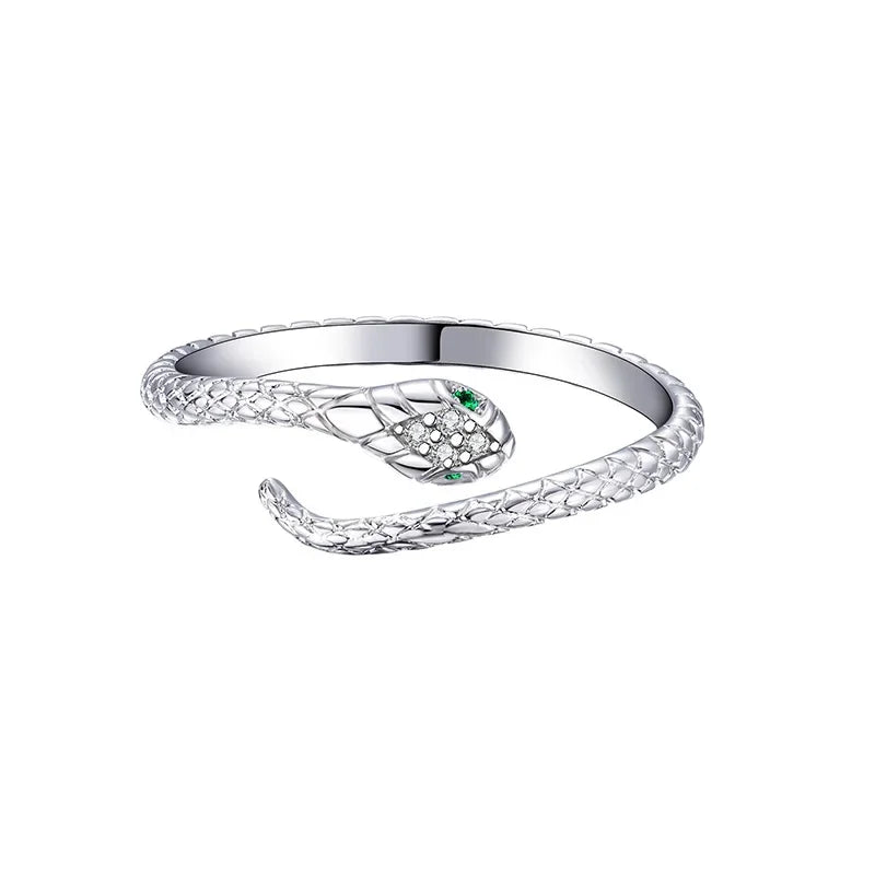 Real 925 Sterling Silver Geometric Snake Green Zircon Opening Adjustable Rings for Women Fine Jewelry Minimalist Accessories