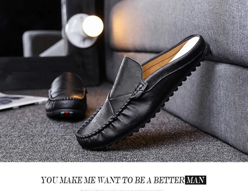 New 2023Half Shoes For Men Leather Half Slipper Slip On 3 Colors Flat Italian Style Fashion Driving Shoes Man Ciabatte