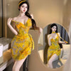 Summer Women's New Beach Style Sexy Yellow Print War robe sling Deep V low-cut Lace up Irregular backless Mini Dress