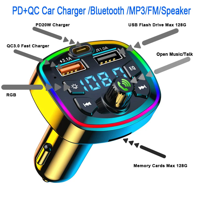 Car MP3 Player Fm Transmitter Wireless Bluetooth 5.0 Audio Receiver Car Kit Handfree Type-C Dual Usb Car Fast Charger