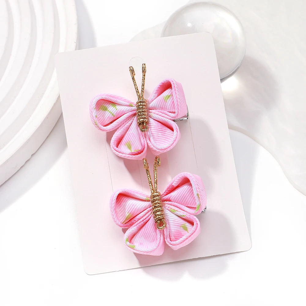 2pcs/set Butterfly Hair Clip Gradient Flocking Hairpins with Gold Color Cute Gauze Headwear Girls Children Hair Accessories Gift