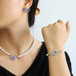 Load image into Gallery viewer, Luxury Purple Crystal Planet Heart Earrings Bracelet Necklace Set For Women Exquisite Imitation Pearl Wedding Bride Jewelry
