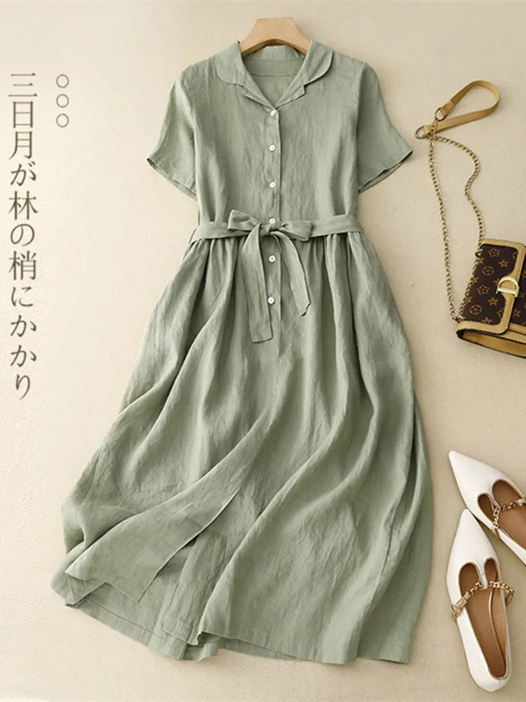 Japanese Style Thin Light Cotton Linen Chic Girl Loose Women Casual Summer Blouse Dress sashes Slim Waist Office Lady Work Dress