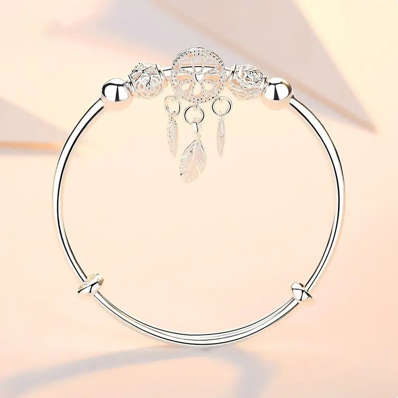 1pcs copper alloy silver plated bracelet ladies cold wind dreamcatcher leaves tassel turn beads jewelry
