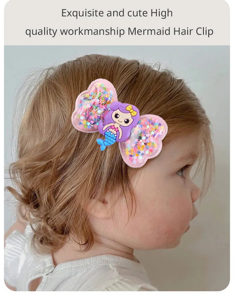 ncmama 2Pcs Lovely Mermaid Hair Clips For Baby Girls Quicksand Sequins Star Bows Hairpin Kids Headwear Boutique Hair Accessories