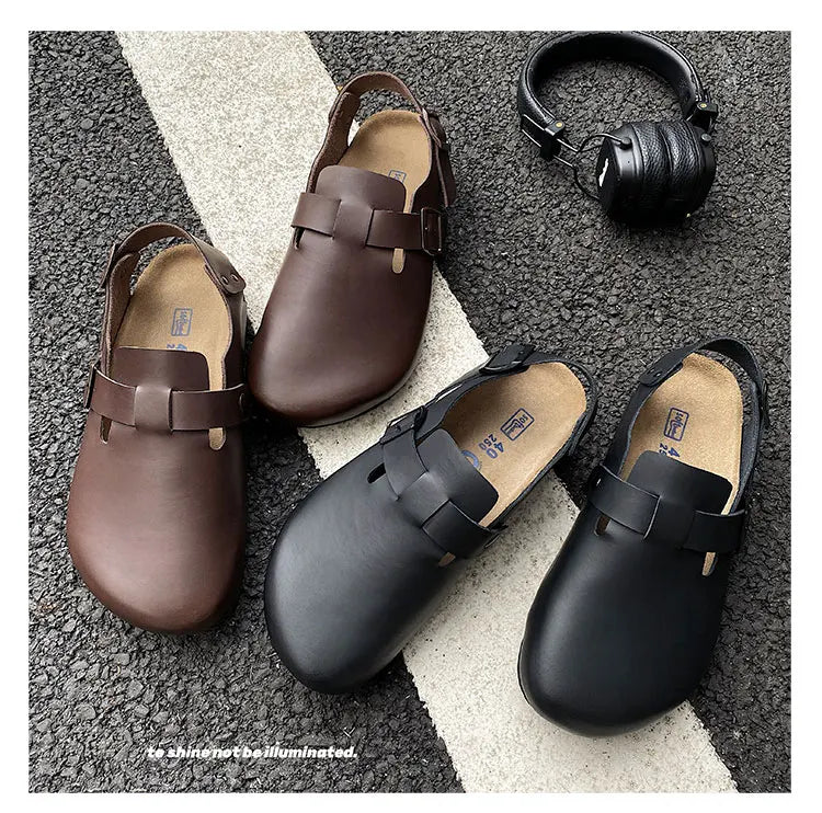 Double buckle genuine leather Birken shoes cork for men height increasing couple shoes sandals, versatile one shoe dual-use