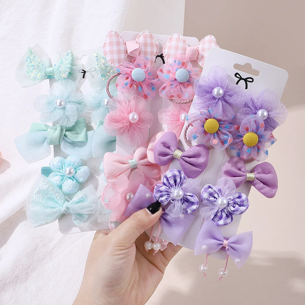 10Pcs Girl Cartoon Hair Band Bow Hair Ties Lovely Colors Flower Ponytail Holder Children Scrunchies Rubber Kids Hair Accessories