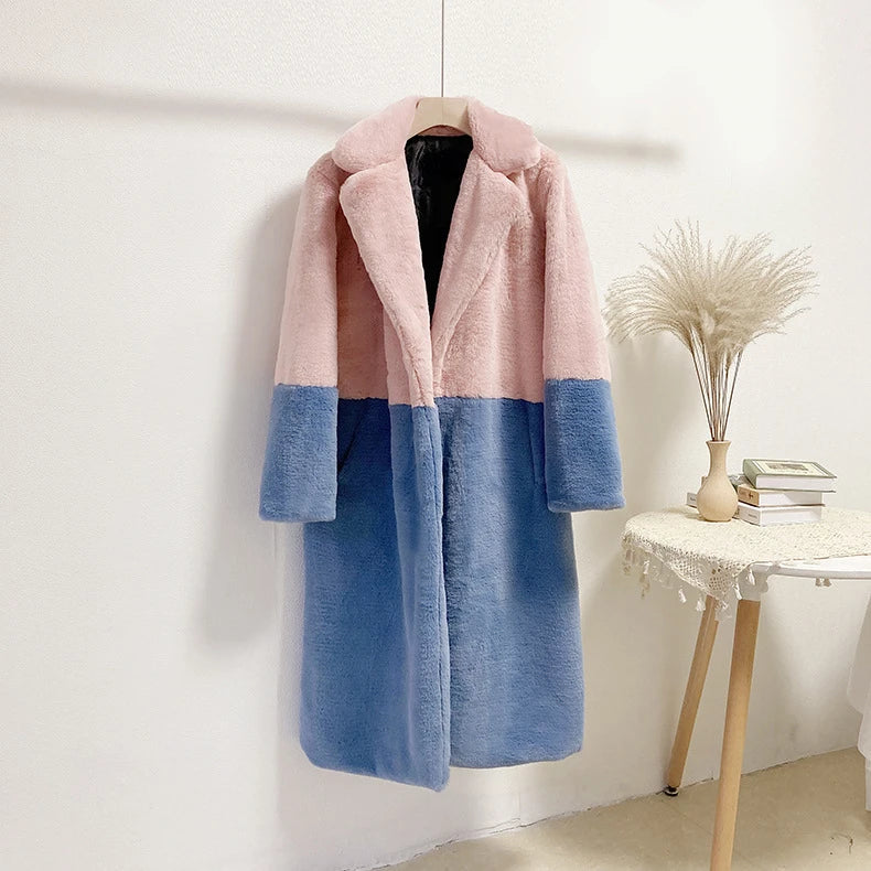 2023 Winter Women High Quality Faux Rabbit Luxury Long Fur Coat Lapel OverCoat Thick Warm Female Plush Jacket Large Size 5XL