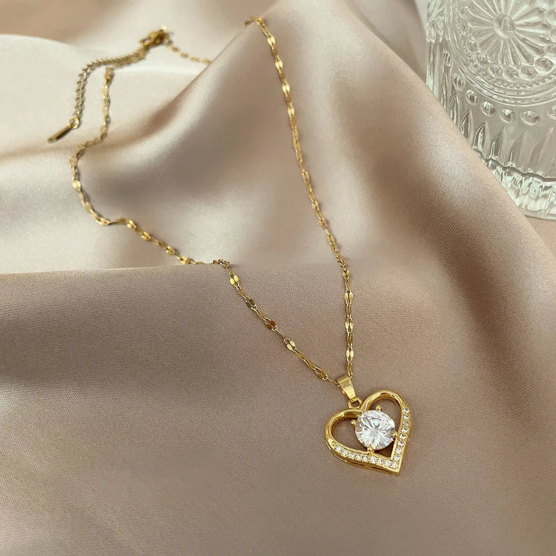 Luxury Shiny Zircon Crystal Heart Pendant Stainless Steel Necklace For Women Korean Fashion Female Wedding Jewelry Neck Chain