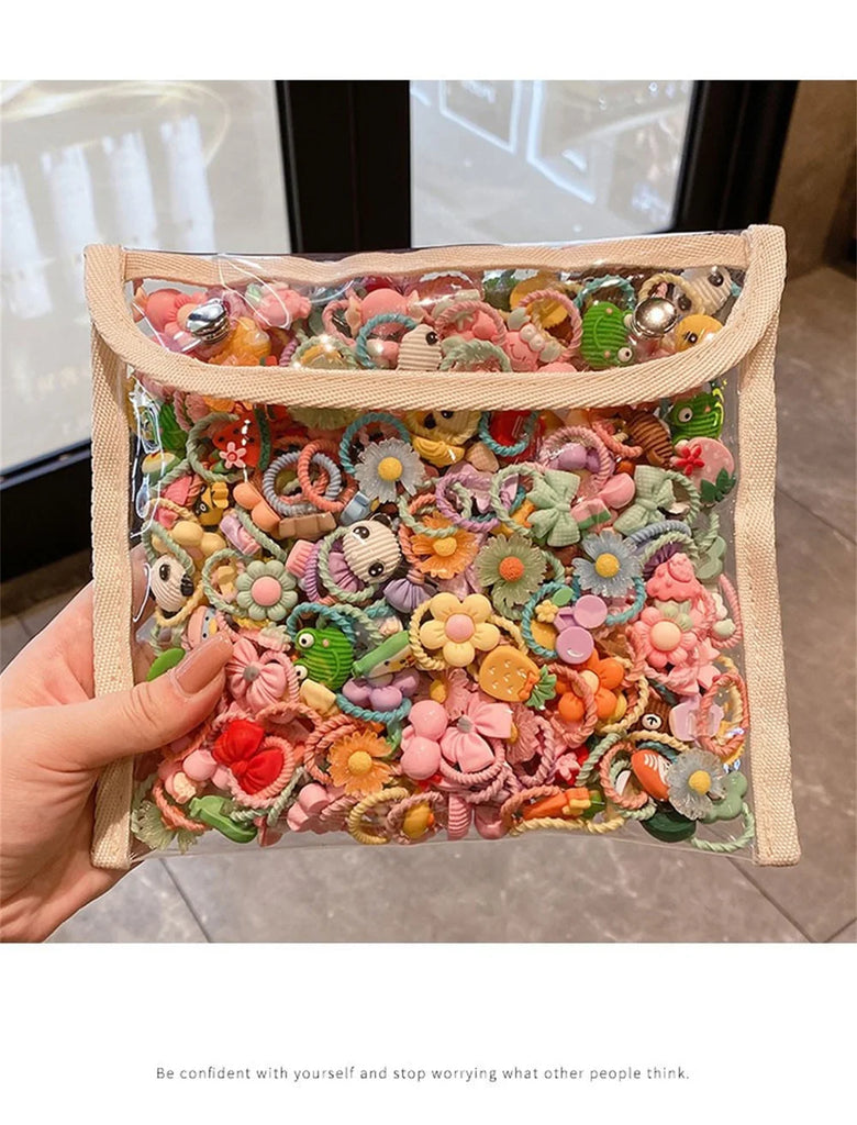 50PCS Girls Cartoon Flower Fruit Elastic Hair Bands Cute Ponytail Hold Hair Tie Rubber Bands Scrunchie Kids Hair Accessories
