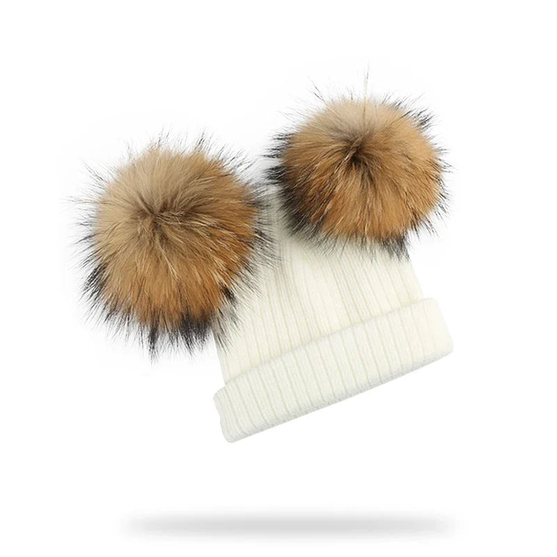 Winter Kids Natural Raccoon Fur Double Pompon Hat And Scarf For Girls Baby Cap With Genuine Pompom Children's Accessories Bonnet