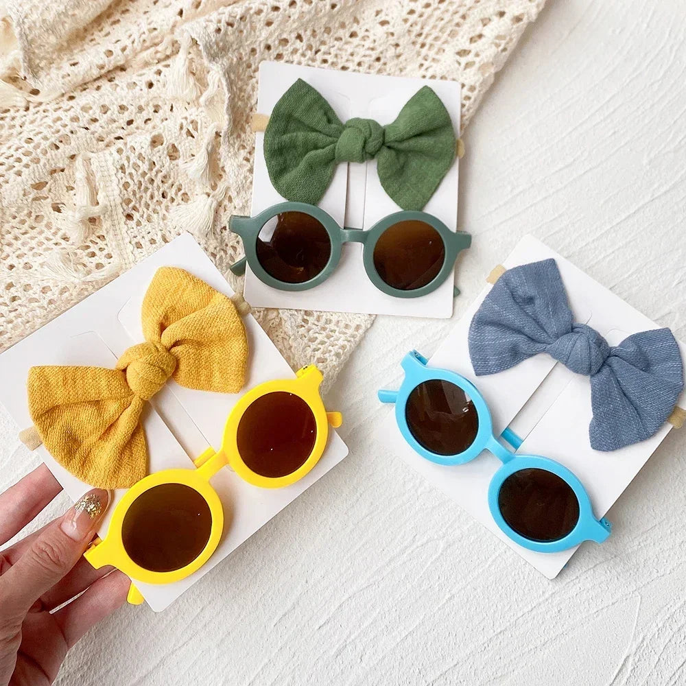 2Pcs/set Kids Summer Round Sunglasses Bows Headband Gift Sets Children Lovely Glasses Protection Hair Accessories for Girls