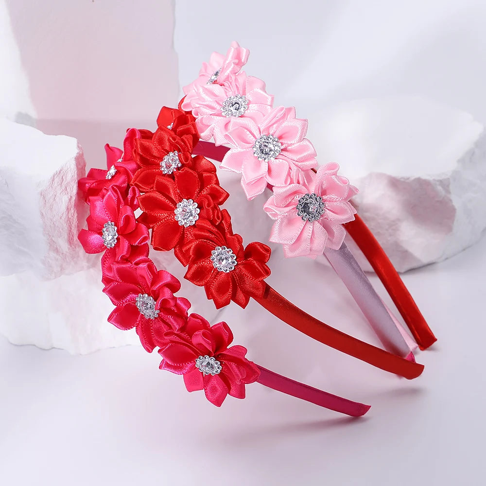 1PC Cute Hairband Kids Princess Headwear Boutique Triple Satin Flowers with Zircon Hair Accessories Head Hoop for Girls Headband