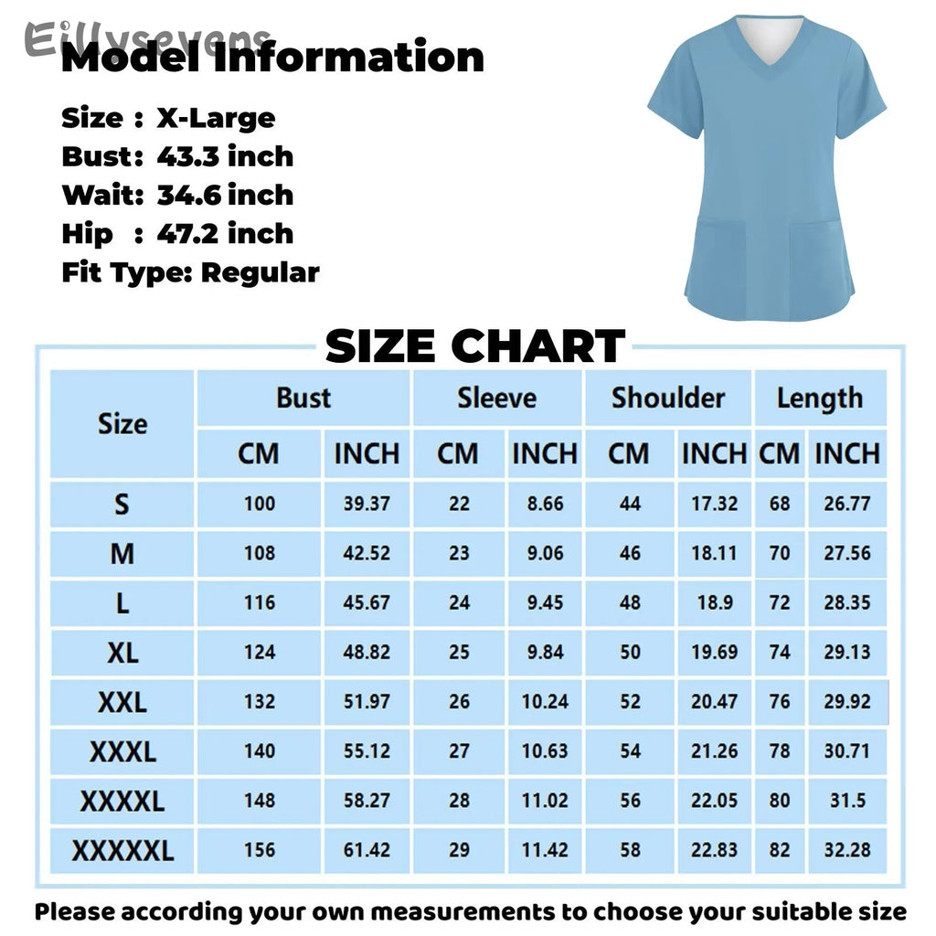 Nurse Uniform Women V-Neck Short Sleeve Tunic Hospitals Healthcare Workers Nursing Uniform Beauty Salon Spa Scrubs Printed Tops