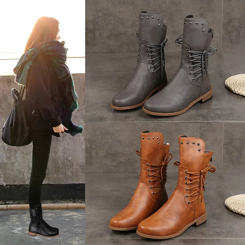 Woman Mid Calf Boots Women Lace Up Rivet Low Heels Female Zip Footwear Ladies Leather Short Boots Women's Shoes Plus Size