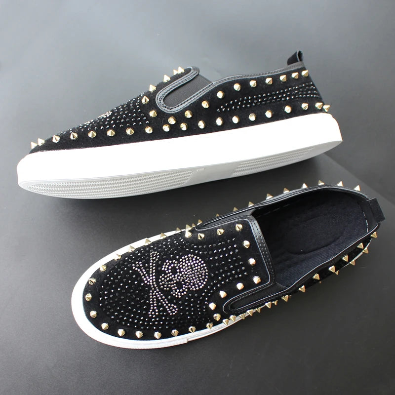 2024 New Shoes for Men Tide Leather Casual Shoes Spring Autumn Cool Skull Rivet Flat Shoes Leisure Slip-on Loafers