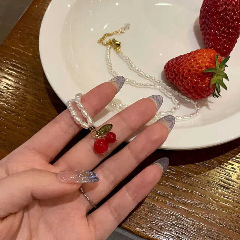 Kiss jewelry kpop summer red cherry leaf pendant pearl beaded necklace for women y2k korean fashion sweet choker 2023 trendy