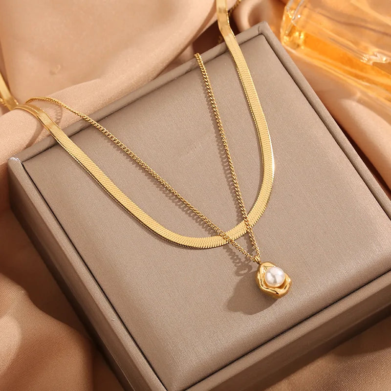316l stainless steel new fashion fine jewelry minimalism 2 layer embed pearls charm chain choker necklaces pendants for women