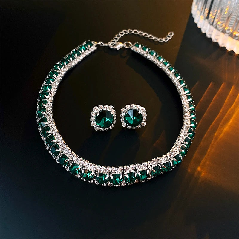 DREJEW Inlaid Green Crystal Necklaces Stud Earrings Jewelry Set For Women Luxury Necklace and Earring with Rhinestones For Party