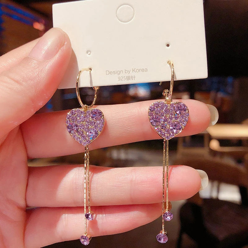 Square Geometry Long Fashion Girl Tassel Flower Purple Rhinestone Earrings Korean Love Heart Wholesale Earring Jewlery For Women