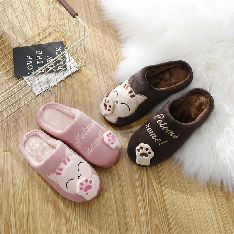 Couple Winter Home Slippers Indoor Bedroom Non-Slip Floor Slipper Women Shoes Cute Cartoon Cat Slippers Men Warm Plush Slides