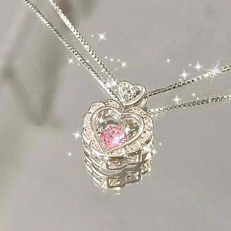 1PC Pink Heart Pendant Necklace for Women Lovers Rhinestione Clavicle Chain Chocker Female Cute Crystal Moonstone Jewlery Gifts