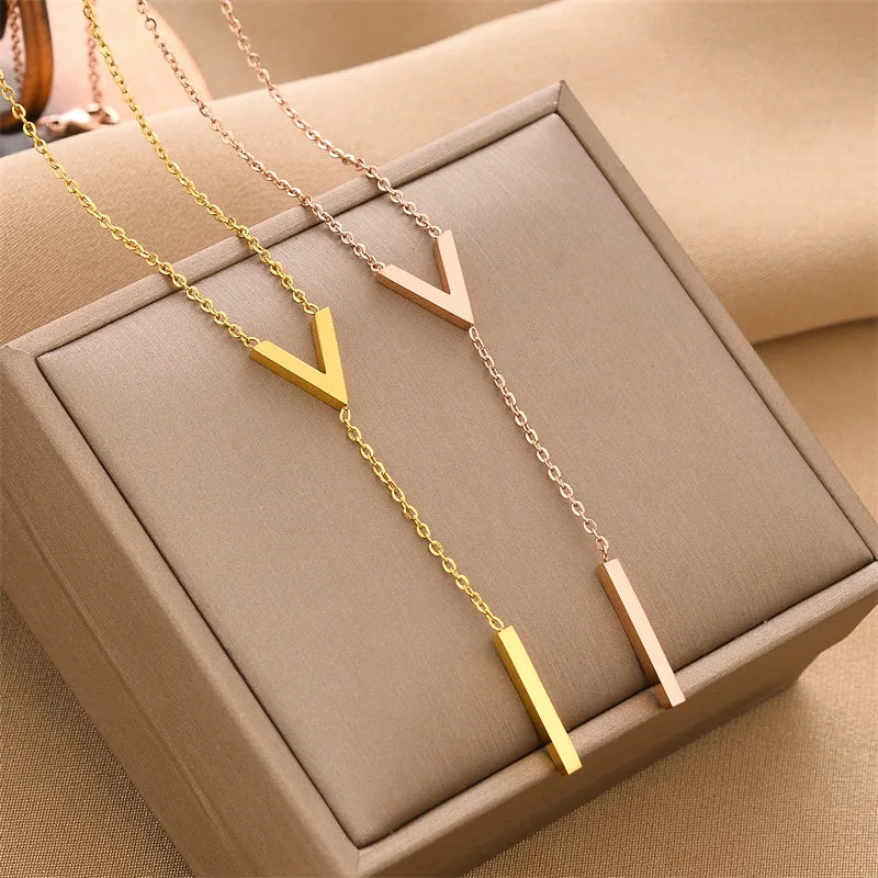 316L Stainless Steel Letter V Pendant Charms Necklace Romantic Minimalist Short Clavicle Chain Tassel Choker Gift For Girlfriend